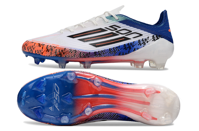 Chuteira Campo Adidas F50 FG Branca, Azul e Laranja