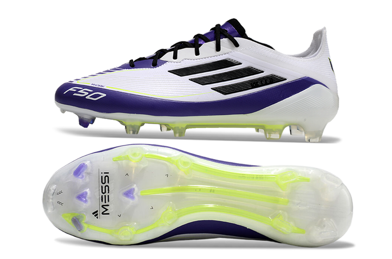 Chuteira Campo Adidas F50 FG Messi Branca, Roxa e Verde "Triunfo Estelar"