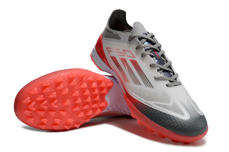 Chuteira Society Adidas F50 TF Branca, Cinza e Vermelha
