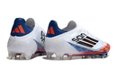 Chuteira Campo Adidas F50 FG Branca, Laranja e Azul