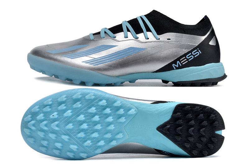 Chuteira Infantil Society Adidas X Crazyfast. Messi.1 TF Prata e Azul "Infinito"