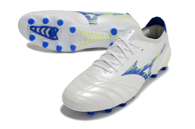 Chuteira Campo Mizuno Morelia Neo 4 Beta FG Branca, Azul e Verde