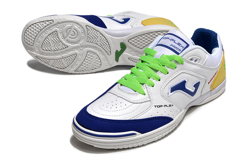 Chuteira Futsal Joma Top Flex Rebound IC Branca, Azul, Verde e Amarelo