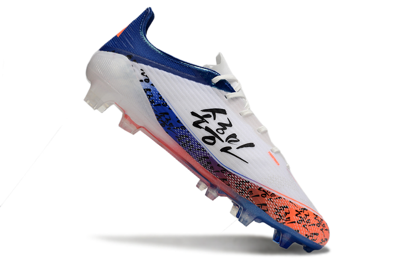 Chuteira Campo Adidas F50 FG Branca, Azul e Laranja