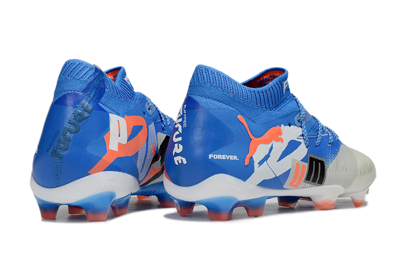 Chuteira Campo Puma Future 8 FG Cinza e Azul "Forever"