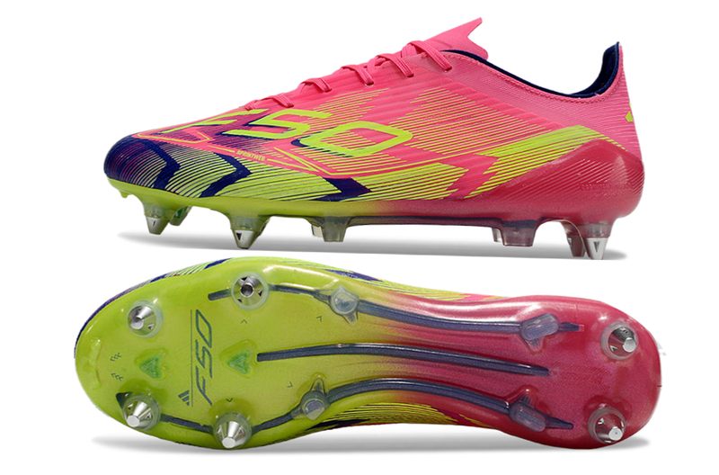 Chuteira Campo Adidas F50 Ponta de Aluminio Rosa, Azul e Verde