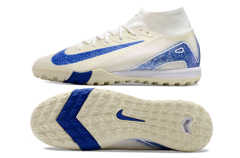 Chuteira Infantil Society Nike Air Zoom Mercurial Superfly 10 Elite TF Branca e Azul "Blueprint Pack""