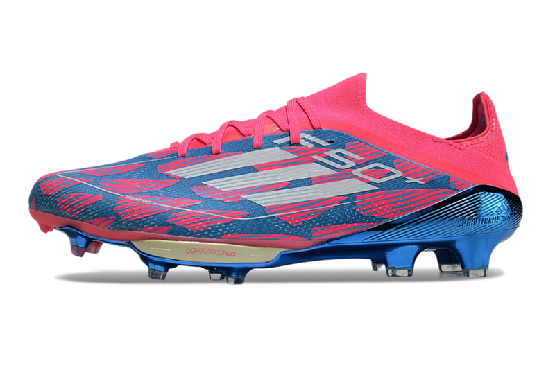 Chuteira Campo Adidas F50+ FG Rosa, Azul e Branca "Reemergence Pack"