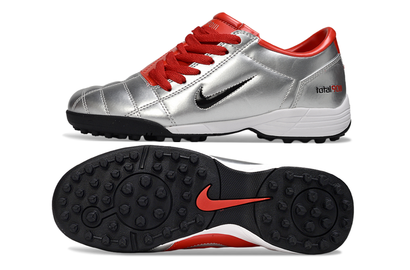 Chuteira Society Nike Total 90 TF Prata e Vermelha