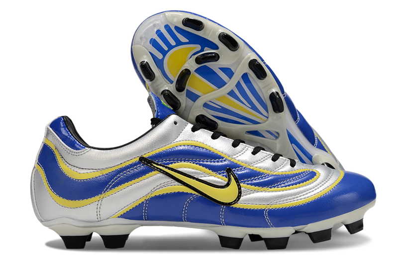 Chuteira Campo Nike Mercurial Vapor 1998 FG Prata, Azul e Amarelo "R9"