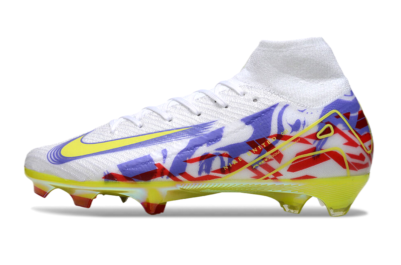 Chuteira Campo Nike Air Zoom Mercurial Superfly 10 Elite FG Branca, Roxo, Verde e Vermelho
