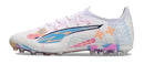 Chuteira Society Puma Ultra 5 Ultimate MG Branca e Azul "Volume Up"