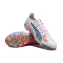 Chuteira Society Puma Ultra 5 Ultimate MG Branca e Azul "Volume Up"